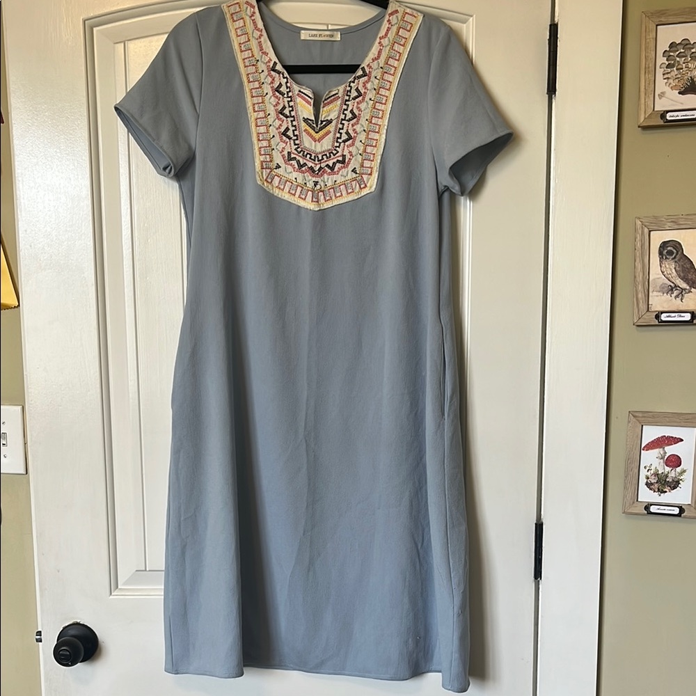 Embellished Blue and Gold A-line Midi Dress